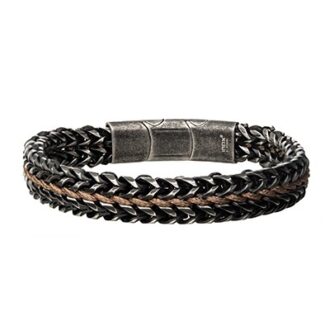 Inox Allegiance Stainless Steel Bracelets with Brown Wax Cord binding 2 Antique Brushed Foxtail Links. The bracelet is 7.75 long with a easy-to-use magnetic slide clasp with additional self-adjustable link for an overall length of 8.25.