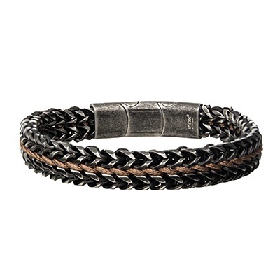 Inox Allegiance Stainless Steel Bracelets with Brown Wax Cord binding 2 Antique Brushed Foxtail Links. The bracelet is 7.75 long with a easy-to-use magnetic slide clasp with additional self-adjustable link for an overall length of 8.25.