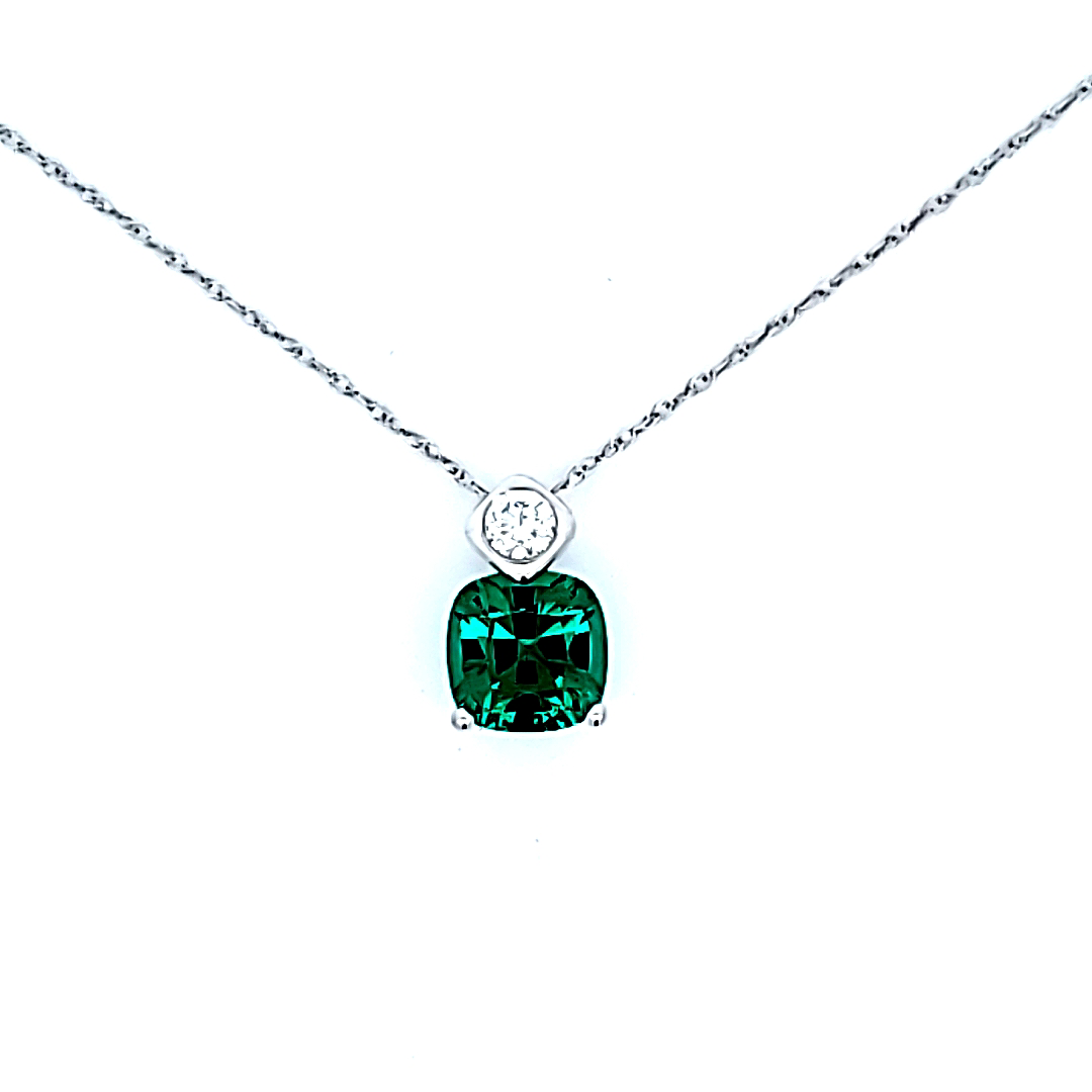 Drop Pendant with Lab Grown Emerald and .12ctw Round Lab Grown Diamonds in 14k White Gold