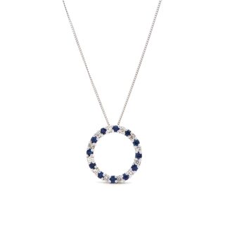 14K White Gold Circle Pendant w/ Sapphire & .14ctw Diamonds
