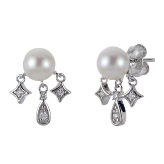 6-6.5mm Freshwater Pearl Dangle Earrings, .08ctw Diamonds