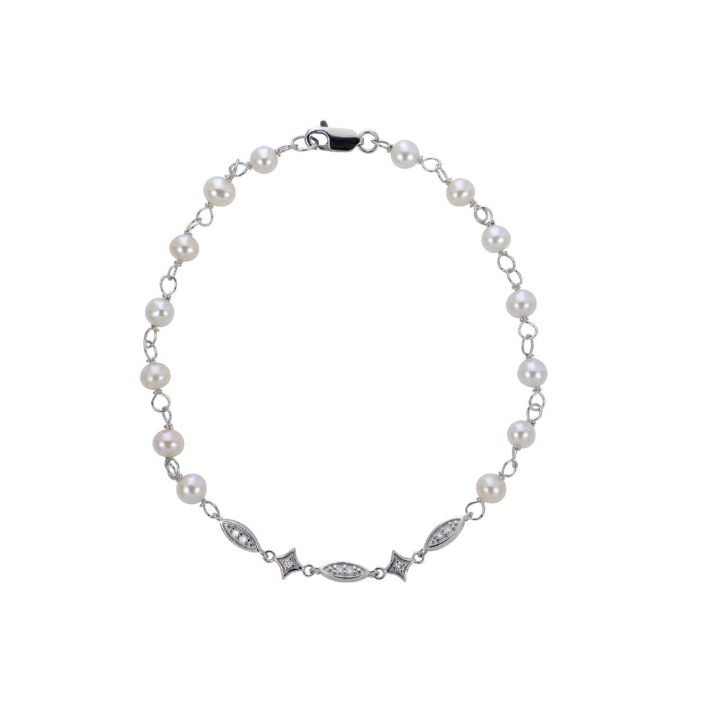 6-6.5mm Freshwater Pearl & Diamond Sterling Silver Bracelet